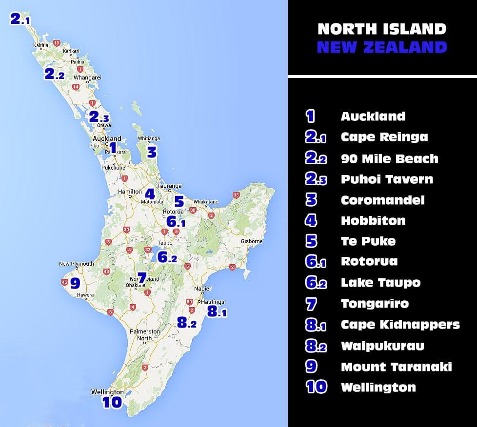 ਨਕਸ਼ਾ ਦੇ new zealand ਉੱਤਰੀ ਟਾਪੂ ਆਕਰਸ਼ਣ