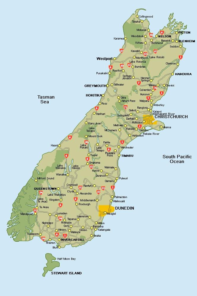 new zealand ਨਕਸ਼ਾ, ਦੱਖਣੀ ਟਾਪੂ ਰੋਡ ਨਕਸ਼ਾ