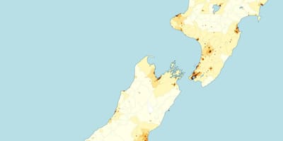 New zealand ਆਬਾਦੀ ਦੀ ਘਣਤਾ ਦਾ ਨਕਸ਼ਾ